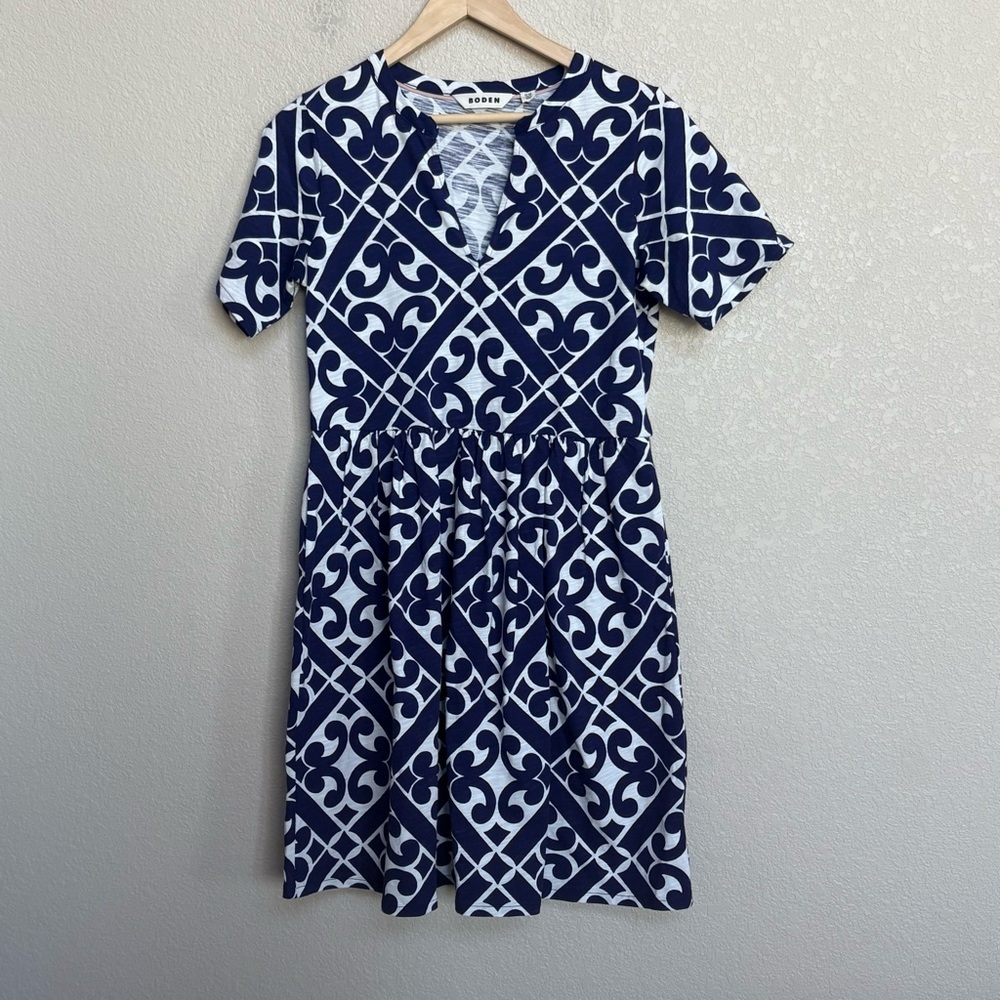 Boden Navy White Easy Notch‎ Neck Jersey Dress Geometric Women’s 6R Spring